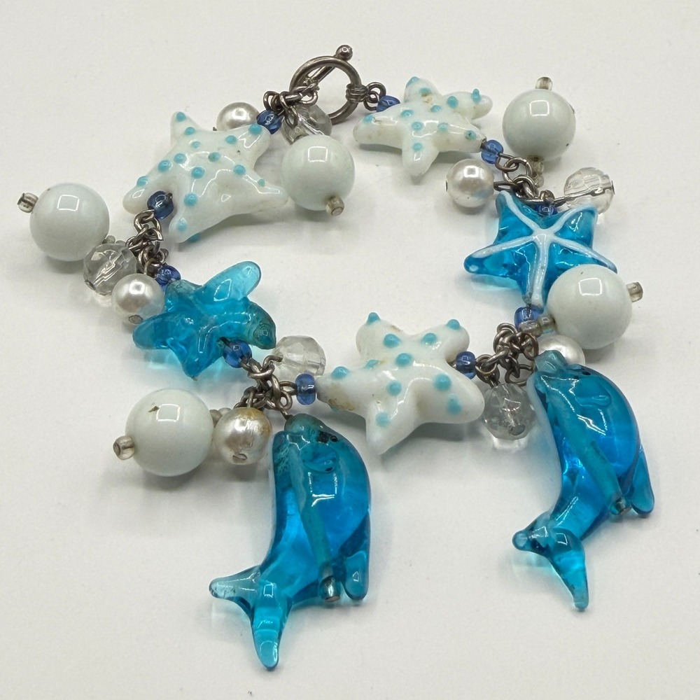 Blue Glass Dolphin Starfish Charm Bracelet Faux Pearl Coastal Ocean Jewelry
